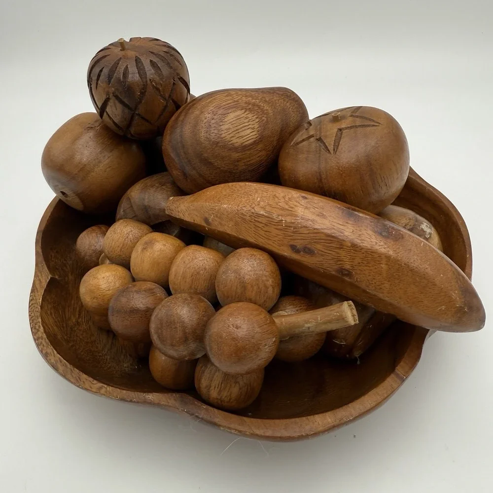 Vtg MCM Monkey Pod Wood Bowl with 12 Pieces of Wooden Fruit Farm Country English